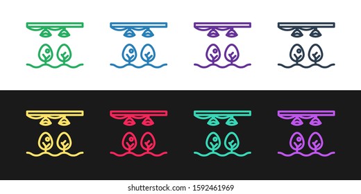 Set line Smart farm with light bulb and plant symbol icon isolated on black and white background.  Vector Illustration