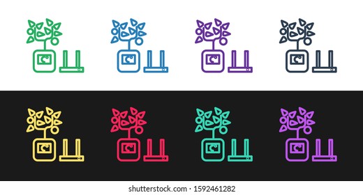 Set line Smart farming technology - farm automation system in app icon isolated on black and white background.  Vector Illustration