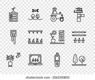 Set line Smart farming technology, Trees, Wireless tractor on smart, Automatic irrigation sprinklers, Portable sensor and with bulb and plant icon. Vector
