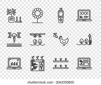 Set line Smart farming technology, Portable sensor, with bulb and plant, Automatic irrigation sprinklers and Standalone icon. Vector
