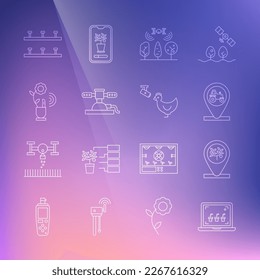 Set line Smart farming technology, Location and tree, Tractor location, with drone, Automatic irrigation sprinklers,  and Chicken camera icon. Vector