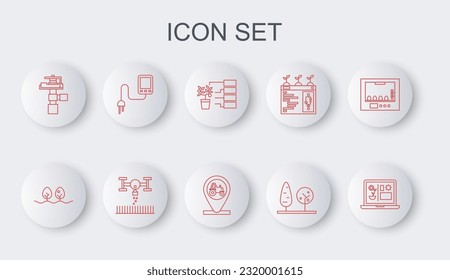 Set line Smart farming technology, Plant, Flower analysis, Trees, Automatic irrigation sprinklers, Sensor, with drone and Tractor and location icon. Vector