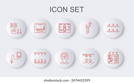 Set line Smart farming technology, Sensor, with bulb and plant, Incubator for eggs, Automatic irrigation sprinklers and Location tree icon. Vector