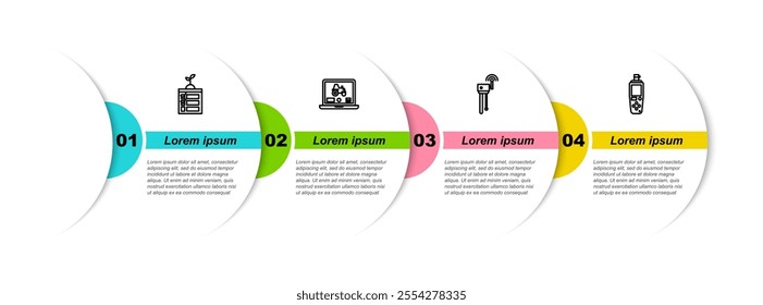 Set line Smart farming technology, Laptop application for smart, Router and wi-fi signal and Portable sensor. Business infographic template. Vector