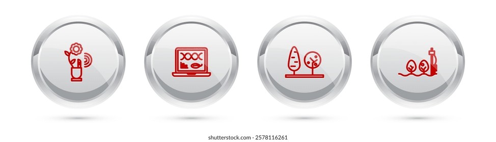 Set line Smart farming technology, Genetic engineering modification, Trees and Standalone sensor and plant. Silver circle button. Vector
