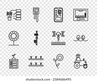 Set line Smart farming technology, Wireless tractor on smart, control system, Automatic irrigation sprinklers, Flower analysis, Standalone sensor,  and Plant icon. Vector