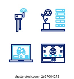 Set line Smart farming technology, Laptop application for smart, Flower status and Router and wi-fi signal icon. Vector