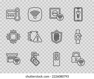 Set line Smart garage, Digital door lock, electrical outlet, Thermostat, House under protection, Remote control and home with smart watch icon. Vector