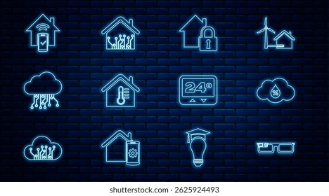 Set line Gafas inteligentes, Humedad, Casa bajo protección, temperatura, Internet de las cosas, sistema de control remoto para el hogar, termostato e icono. Vector