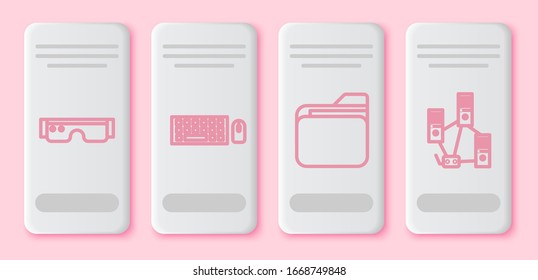 Set line Smart glasses, Keyboard and mouse, Document folder and Computer network. White rectangle button. Vector