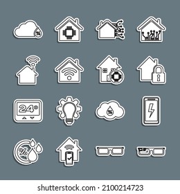 Set line Smart glasses, Mobile charging battery, House under protection, home, with wi-fi, Humidity and  icon. Vector