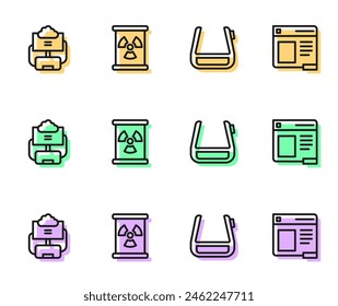 Set line Smart glasses on spectacles, Cloud database, Radioactive waste in barrel and Browser window icon. Vector