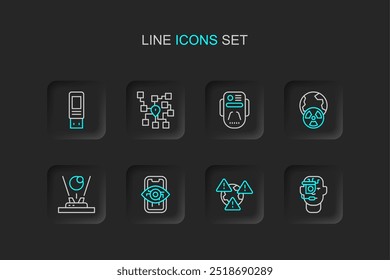 Set line Smart glasses on spectacles, Earth with exclamation mark, Computer vision, Hologram, Planet earth and radiation, Artificial intelligence robot, Neural network and USB flash drive icon. Vector