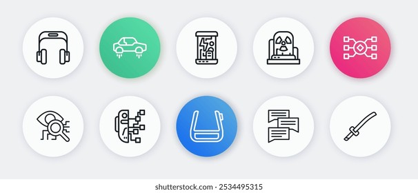 Set line Smart glasses on spectacles, Neural network, Eye scan, Speech bubble chat, Radioactive warning lamp, Cryogenic capsules, Katana and Humanoid robot icon. Vector