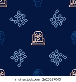 Set line Smart glasses on spectacles, Neural network and Radioactive warning lamp on seamless pattern. Vector