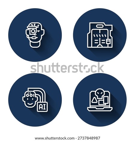 Set line Smart glasses on spectacles, Futuristic sliding doors, Humanoid robot and Internet piracy with long shadow. Blue circle button. Vector