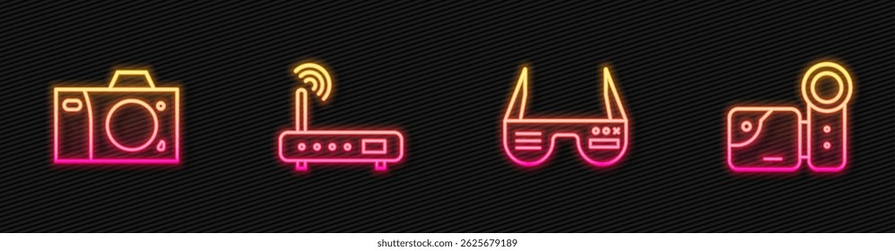 Set line Smart glasses, Photo camera, Router and wi-fi signal and Cinema. Glowing neon icon. Vector