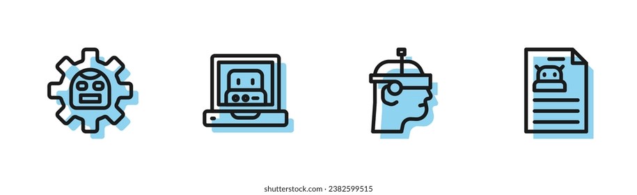 Set line Smart glasses, Robot, Creating robot and Technical specification icon. Vector