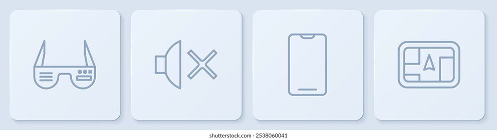 Set line Smart glasses, Smartphone, mobile phone, Speaker mute and Gps device with map. White square button. Vector