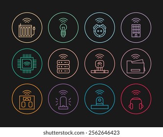 Set line Smart headphones, printer, Robot vacuum cleaner, server, Processor with microcircuits CPU, heating radiator, sensor and light bulb icon. Vector