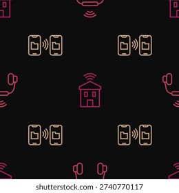 Set line Smart headphones system, Data transfer and storage and home with wi-fi on seamless pattern. Vector