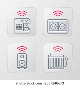 Set line Smart heating radiator, stereo speaker, electrical outlet and coffee machine icon. Vector