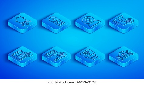 Línea Smart home, máquina de café, cámara web, enchufe eléctrico, hervidor de agua, enchufe eléctrico e icono. Vector
