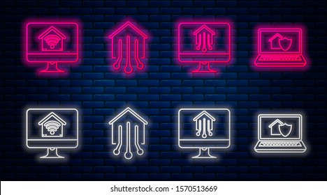 Set line Smart home, Computer monitor with smart home, Computer monitor with smart home with wi-fi and Laptop with house under protection. Glowing neon icon on brick wall. Vector