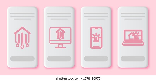 Set line Smart home, Computer monitor with smart home, Mobile phone with smart house and alarm and Laptop with smart house and alarm. White rectangle button. Vector