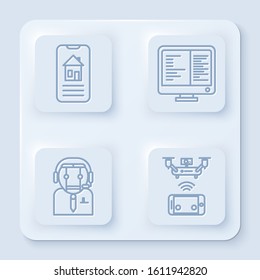 Set line Smart home, Computer monitor screen, Worker robot and Remote aerial drone. White square button. Vector