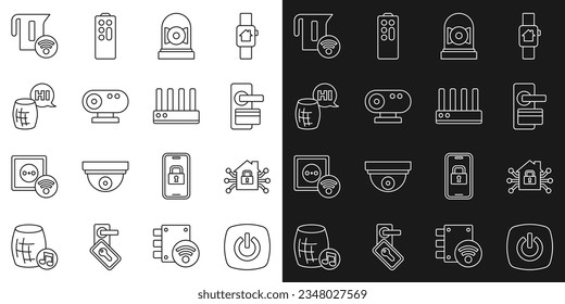 Línea Smart home, cerradura de puerta digital, campana de alarma de timbre, cámara web, asistente de voz, hervidor eléctrico, enrutador e icono de señal wi-fi. Vector