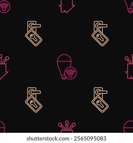 Set line Smart home, Digital door lock and light bulb on seamless pattern. Vector