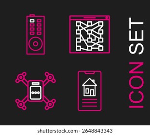Set line Smart home, Drone flying with action camera, Global technology or social network and Remote control icon. Vector
