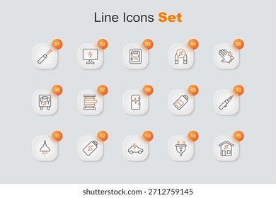 Set line Hogar inteligente, enchufe eléctrico, coche, Recargo de batería, lámpara colgante, soldador, y el icono del refrigerador. Vector