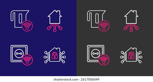 Set line Smart home, electrical outlet,  and kettle icon. Vector