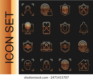 Hogar inteligente con identificación facial, huella dactilar de rechazo, sensor de movimiento, escudo de huellas dactilares, móvil y reconocimiento, monitor, rostro e icono de protección de usuario. Vector