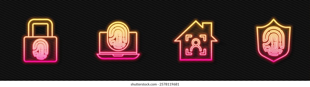 Set line Smart home with face id, Fingerprint lock, Laptop fingerprint and shield. Glowing neon icon. Vector