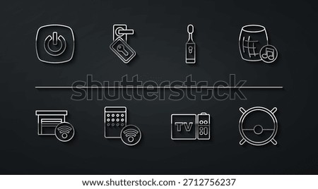 Set line Smart home, garage, Voice assistant, Multimedia and TV box receiver, Air humidifier, Digital door lock, Robot vacuum cleaner and Electric toothbrush icon. Vector