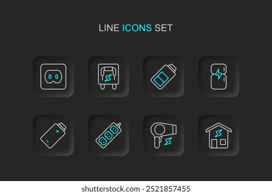 Set line Smart home, Hair dryer, Electric extension, Battery charge, Refrigerator, Electrical panel and outlet icon. Vector