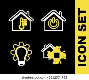 Set line Smart home, Light bulb and gear and House temperature icon. Vector