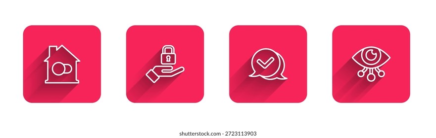 Establecer línea Casa inteligente, Bloquear en la mano, Marcar burbuja de discurso y Escaneo de ojos con sombra larga. Botón cuadrado rojo. Vector