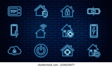 Set Line Smart Home, Mobile Ladebatterie, Haus unter Schutz, mit Wi-Fi, Thermostat und Symbol. Vektorgrafik