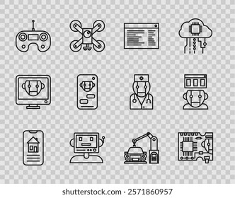 Set line Smart home, Printed circuit board PCB, Software, web developer programming code, Robot, Remote control, Bot, Industrial machine robotic robot arm hand and  icon. Vector