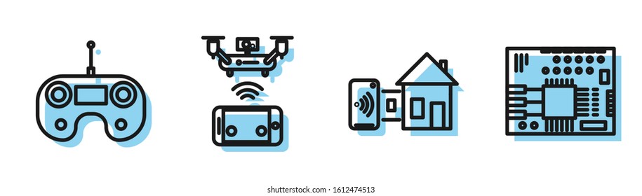 Set line Smart home, Remote control, Remote aerial drone and Printed circuit board PCB icon. Vector
