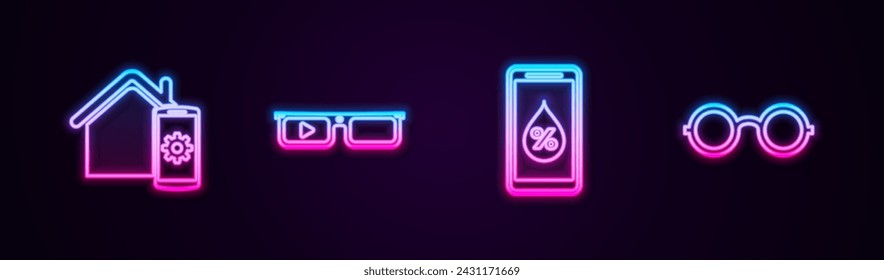 Set line Smart home remote control system, glasses, Humidity for smart and Glasses. Glowing neon icon. Vector