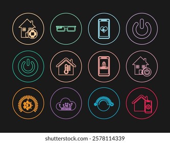 Set line Smart home remote control system, Mobile with heart rate, House temperature, Power button, and password protection and glasses icon. Vector