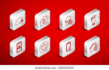 Set line Smart home settings, House under protection, Light bulb and graduation cap, Mobile charging battery, Humidity, Power button and password icon. Vector