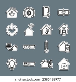 Set line Smart home settings, remote control system, Mobile charging battery, with wi-fi, Power button,  and House temperature icon. Vector