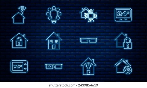 Set line Smart home settings, House under protection, with wi-fi, Glasses and Light bulb and gear icon. Vector