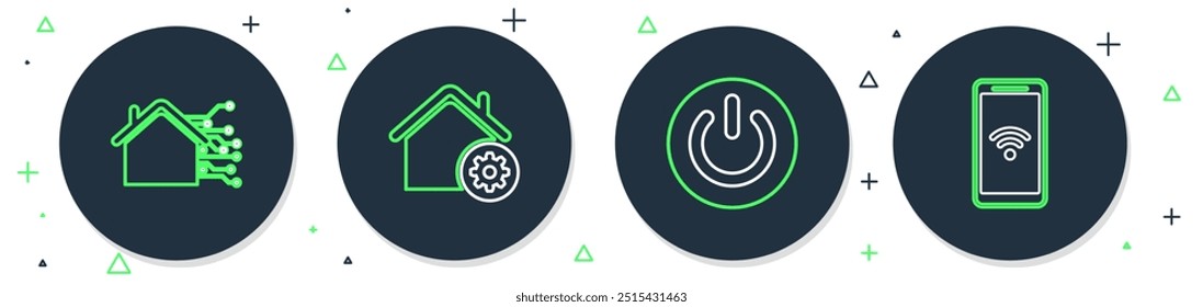 Configuraciones inteligentes para el hogar, Botón de energía y móvil con el ícono de frecuencia cardíaca. Vector